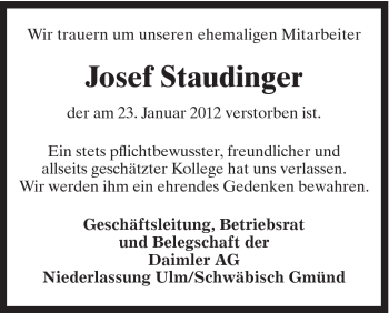 Traueranzeige von Josef Staudinger von Gmünder Tagespost
