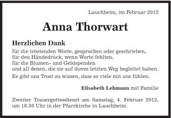 Traueranzeige von Anna Thorwart von Schwäbische Post