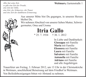 Traueranzeige von Itria Gallo von Gmünder Tagespost