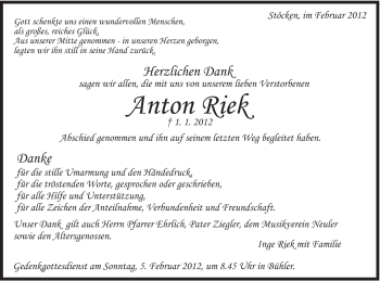 Traueranzeige von Anton Rick von Schwäbische Post