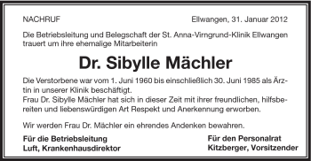 Traueranzeige von Sibylle Mächler von Schwäbische Post