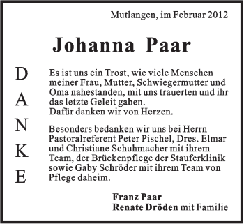 Traueranzeige von Johanna Paar von Gmünder Tagespost