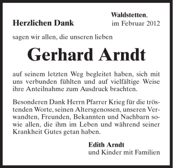 Traueranzeige von Gerhard Arndt von Gmünder Tagespost