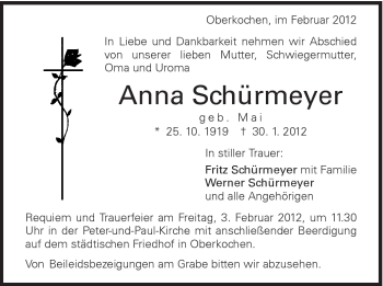 Traueranzeige von Anna Schürmeyer von Schwäbische Post