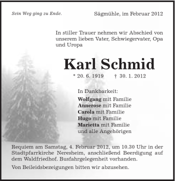 Traueranzeige von Karl Schmid von Schwäbische Post