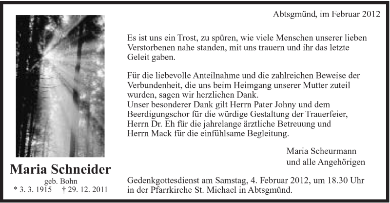  Traueranzeige für Maria Schneider vom 02.02.2012 aus Schwäbische Post