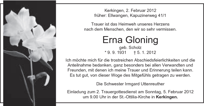  Traueranzeige für Erna Gloning vom 02.02.2012 aus Schwäbische Post