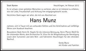 Traueranzeige von Hans Munz von Gmünder Tagespost