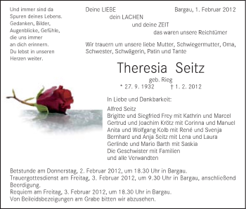 Traueranzeige von Theresia Seitz von Gmünder Tagespost
