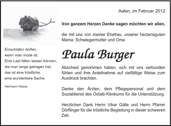 Traueranzeige von Paula Burger von Schwäbische Post