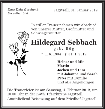 Traueranzeige von Hildegard Sebbach von Schwäbische Post