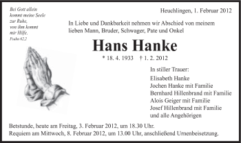 Traueranzeige von Hans Hanke von Gmünder Tagespost