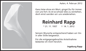 Traueranzeige von Reinhard Rapp von Schwäbische Post