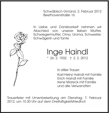 Traueranzeige von Inge Haindl von Gmünder Tagespost