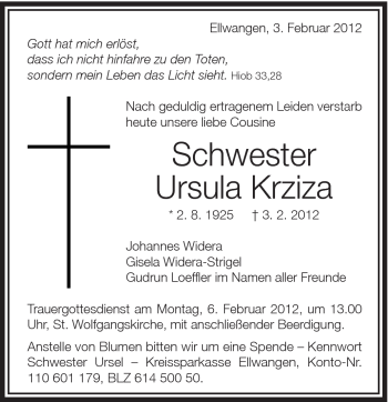 Traueranzeige von Ursula Krziza von Schwäbische Post
