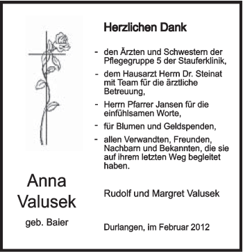 Traueranzeige von Anna Valusek von Gmünder Tagespost