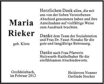 Traueranzeige von Maria Rieker von Gmünder Tagespost