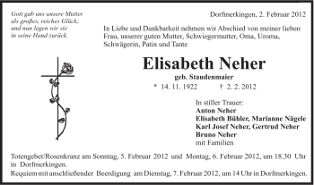 Traueranzeige von Elisabeth Neher von Schwäbische Post