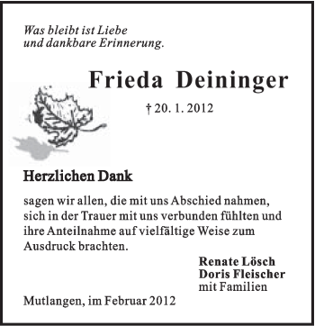 Traueranzeige von Frieda Deininger von Gmünder Tagespost