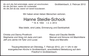 Traueranzeige von Hanne Steidle-Schock von Gmünder Tagespost