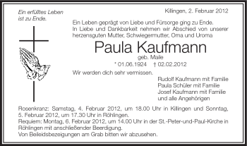 Traueranzeige von Paula Kaufmann von Schwäbische Post