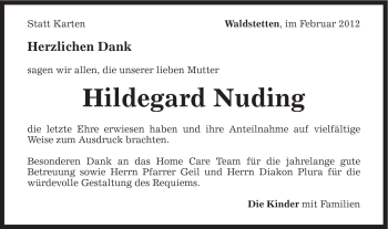 Traueranzeige von Hildegard Nuding von Gmünder Tagespost