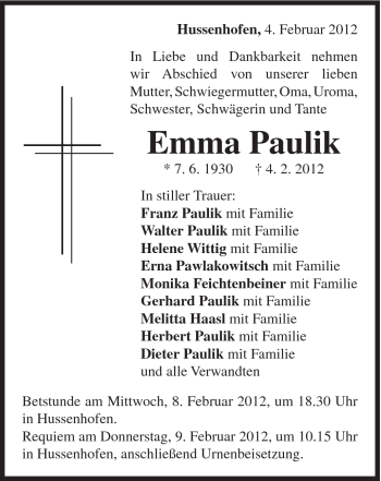 Traueranzeige von Emma Paulik von Gmünder Tagespost