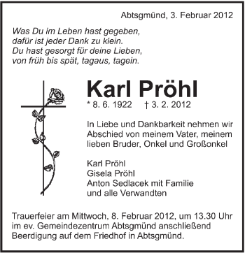 Traueranzeige von Karl Pröhl von Schwäbische Post