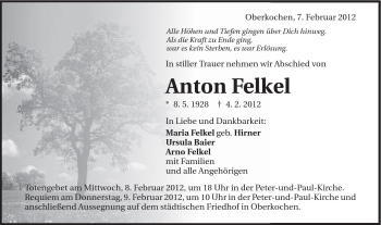 Traueranzeige von Anton Felkel von Schwäbische Post