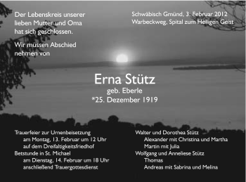 Traueranzeige von Erna Stütz von Gmünder Tagespost