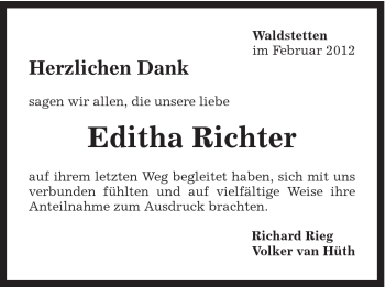 Traueranzeige von Editha Richter von Gmünder Tagespost