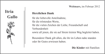 Traueranzeige von Itria Gallo von Gmünder Tagespost