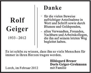 Traueranzeige von Rolf Geiger von Gmünder Tagespost