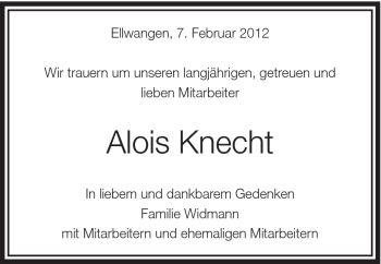 Traueranzeige von Alois Knecht von Schwäbische Post