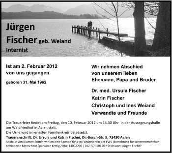 Traueranzeige von Jürgen Fischer von Schwäbische Post