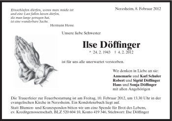 Traueranzeige von Ilse Döffinger von Schwäbische Post