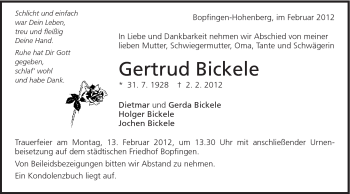 Traueranzeige von Gertrud Bickele von Schwäbische Post