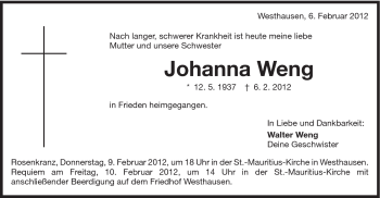 Traueranzeige von Johanna Weng von Schwäbische Post