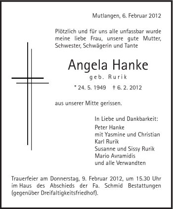 Traueranzeige von Angela Hanke von Gmünder Tagespost