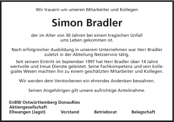 Traueranzeige von Simon Bradler von Schwäbische Post