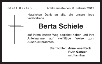 Traueranzeige von Berta Schiele von Schwäbische Post
