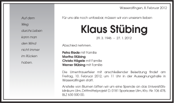Traueranzeige von Klaus Stübing von Schwäbische Post