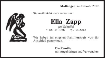 Traueranzeige von Ella Zapp von Gmünder Tagespost