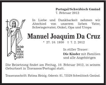Traueranzeige von Manuel Joaquim Da Cruz von Gmünder Tagespost