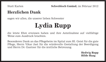Traueranzeige von Lydia Rupp von Gmünder Tagespost