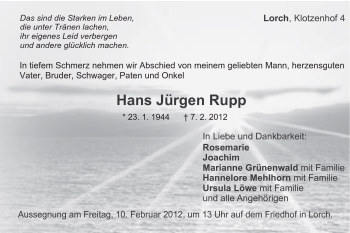 Traueranzeige von Hans Jürgen Rupp von Gmünder Tagespost