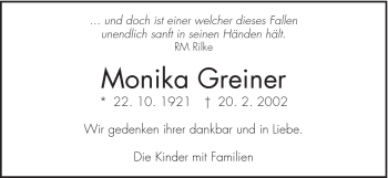 Traueranzeige von Monika Greiner von Schwäbische Post