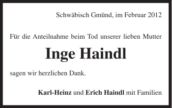 Traueranzeige von Inge Haindl von Gmünder Tagespost