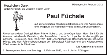 Traueranzeige von Paul Füchsle von Schwäbische Post