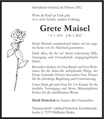 Traueranzeige von Grete Maisel von Gmünder Tagespost